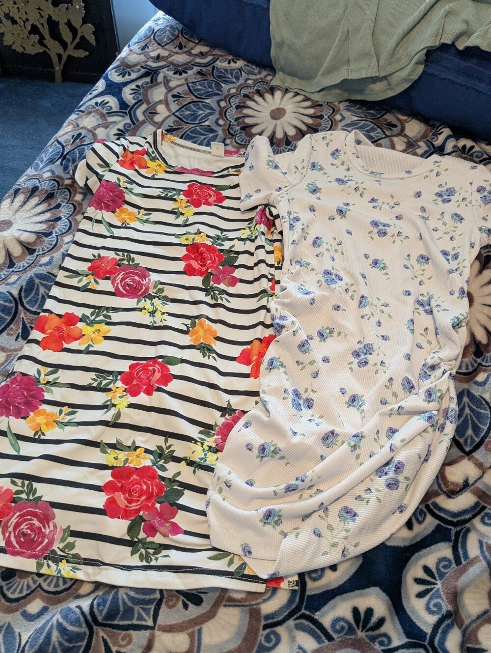SHEIN Black-Striped Floral & White-Blue Floral Casual Dress Duo